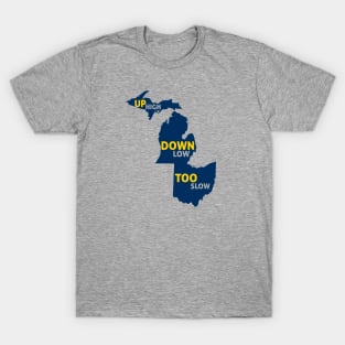 Up High Down Low Too Slow - Blue and Gold T-Shirt